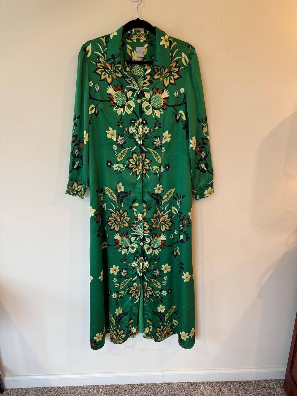Chico's Maxi Shirt Dress Women's Size 12 Green Floral Pleated Long Sleeves Boho